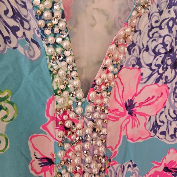 Lilly Pulitzer Elenora Silk Dress Floral Pearls Beaded Womens Size Large - Picture 6 of 13